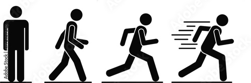 Walking to running progression silhouettes showing human movement stages from standing to sprint dynamic motion vector illustration isolated on white background