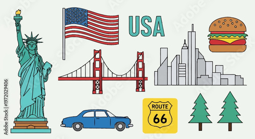 USA travel vector set featuring iconic landmarks, food, and transportation for an American adventure