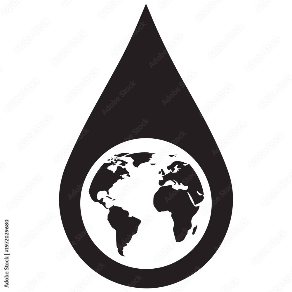 Obraz premium Earth globe inside water drop icon, environmental ecology and conservation silhouette illustration