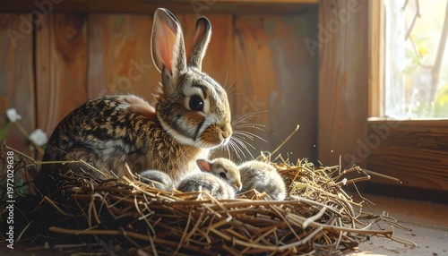 A mother rabbit watches over her babies in a nest near a window.