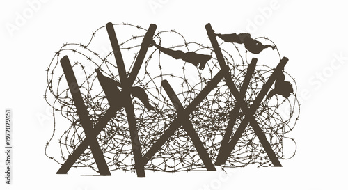 A detailed silhouette of a barbed wire barrier with dark wooden supports, and undefined shapes