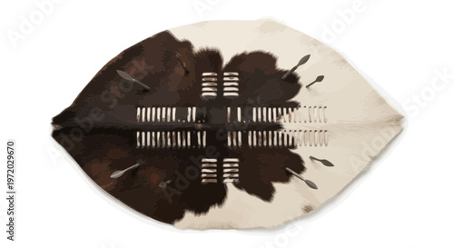 A shield with a distinct design, featuring dark and light sections and spear-like details