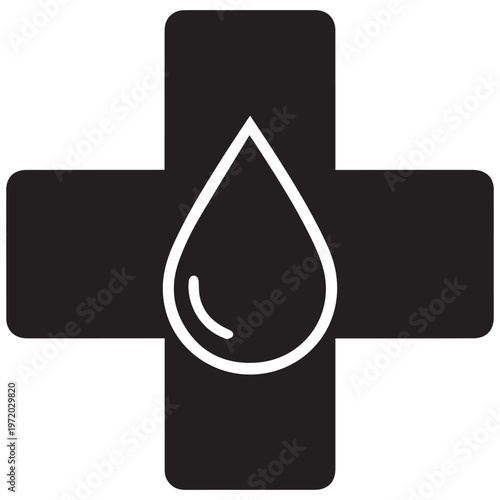 Medical cross with blood drop icon, healthcare service and pharmacy sign silhouette illustration