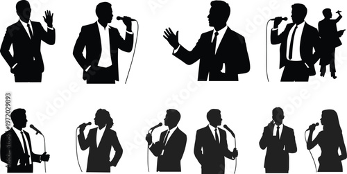 Business speaker silhouettes, microphone presentation icons, corporate communication vector, public speaking illustration, professional conference design, leadership talk, seminar stage art