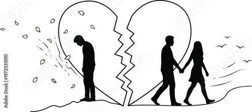 A Broken Heart Concept Showing a Sad Lonely Man and a Happy Couple Walking Away, Unrequited Love and Breakup.