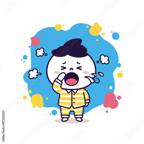 Cute sleepy baby boy yawning in yellow pajamas on a blue splash background