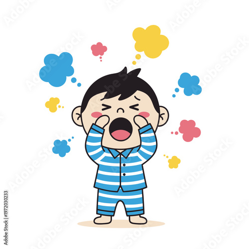 Cute cartoon boy in blue pajamas yawning and feeling tired at home