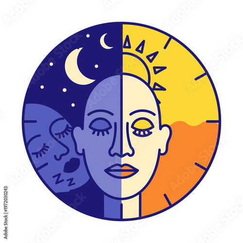 Day and night concept icon with sun and moon face split design