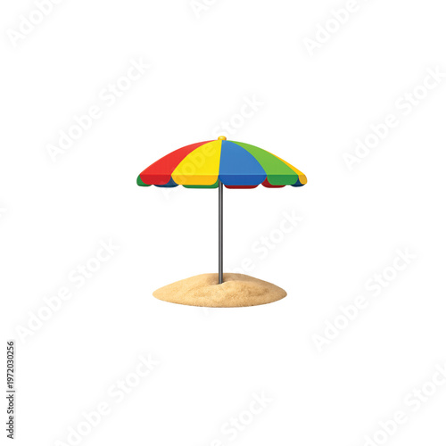 Colored umbrella in the sand on the beach, sun protection, element for design, vector icon.