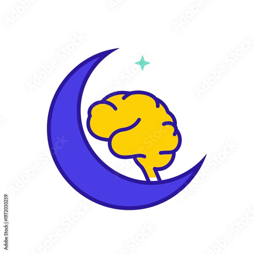 Human brain icon resting on crescent moon representing night sleep dreams