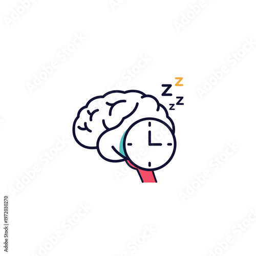 Human brain with clock and sleeping symbols representing insomnia or rest
