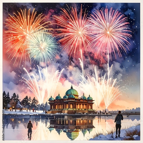 A vibrant winter scene with fireworks exploding above a serene lake-side building