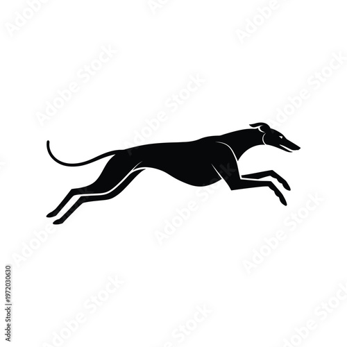 A sleek black silhouette of a greyhound in full running stride