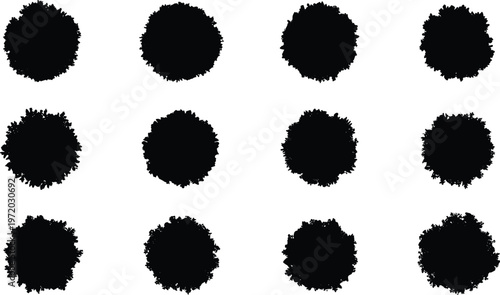Abstract ink splatter circle shapes set, grunge paint blot textures collection, black brush splash elements isolated on clean background