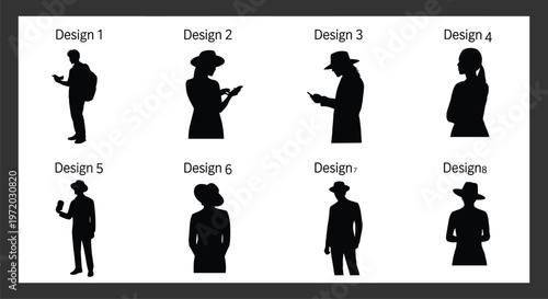 Business people silhouettes with smartphone usage and travel lifestyle poses, corporate professionals collection isolated on white background vector illustration