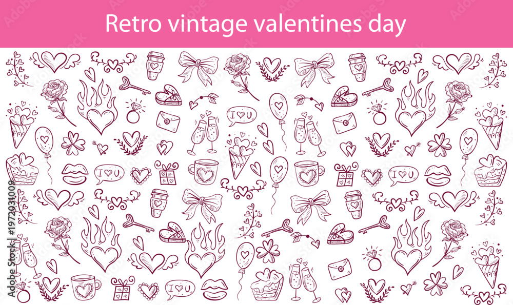 Obraz premium Retro vintage valentines day icons. Doodle sketch drawings in grunge charcoal style for wedding party celebration perfect for posters and invitation cards. Hand drawn chalk elements