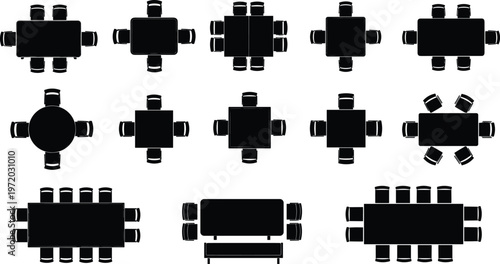 Conference table top view silhouettes set with meeting layouts representing office planning, teamwork collaboration, and workspace arrangement isolated on white background