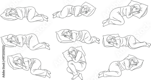 Collection of woman sleeping positions illustrations showing different sleep postures, side lying poses, comfort rest concepts and healthy bedtime habits