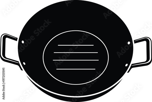 Cooking pan silhouette vector icon, round frying pan with handles isolated, kitchen cookware symbol for culinary design and restaurant branding