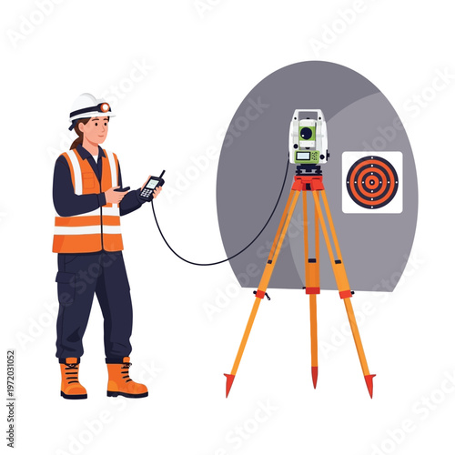 Female surveyor utilizes advanced total station technology for precise land measurement and construction site mapping, depicted in a detailed flat vector illustration