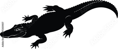 Crocodile silhouette vector illustration featuring detailed reptile predator shape, wild animal icon isolated for wildlife, danger and nature design