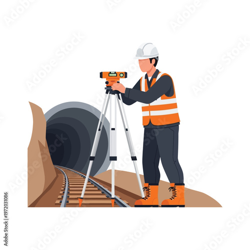 Railway engineer surveying tracks and tunnel. Professional land surveyor operates total station for infrastructure project. Safety gear, flat vector illustration