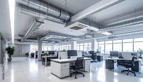 Modern Office Space with Desks and Computers.