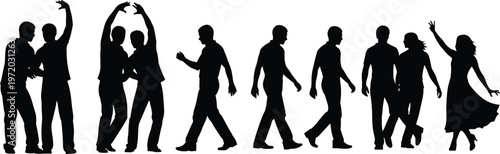 Group of people silhouettes walking and celebrating representing social interaction, friendship, urban lifestyle, and human activity isolated on white background