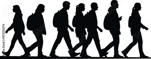 Group of walking students silhouettes vector illustration featuring young people with backpacks, education concept isolated for school and urban lifestyle design