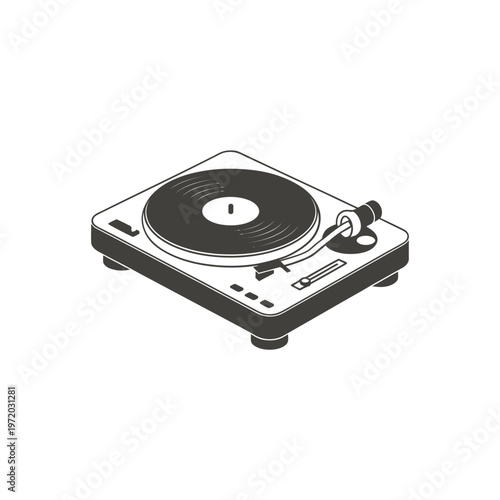 Black and white illustration of a vintage turntable record player