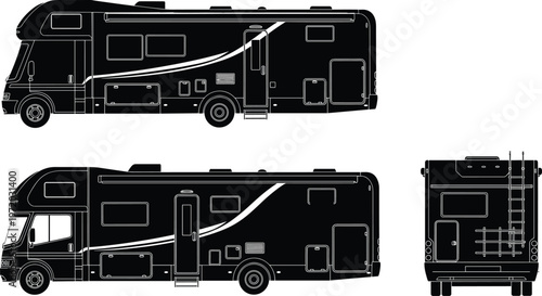Motorhome RV camper van vector illustration, side and rear view silhouettes, recreational vehicle travel design elements isolated on clean background