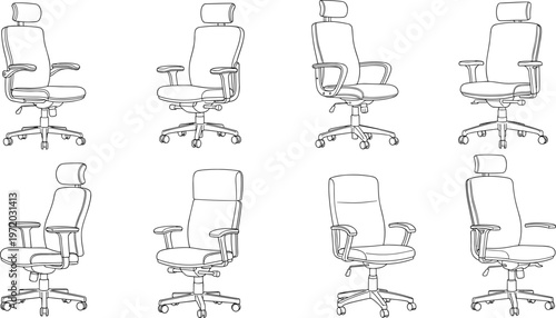Office chair line art collection showing ergonomic seating designs representing workplace furniture, comfort, and modern interior setup isolated on white background
