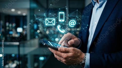 Digital Communication: A modern businessperson engages in seamless digital communication through a smart device, surrounded by glowing symbols representing connection and contact.