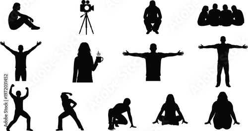 People silhouette poses set, human figures sitting standing filming and expressing emotions, lifestyle vector icons isolated on clean background