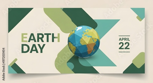 A vibrant polygonal earth globe is featured in an earth day promotional graphic with text and shapes high quality professional detailed modern