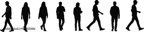 People silhouette walking set, diverse human figures in motion collection in black and white vector for urban lifestyle design use