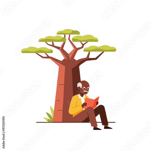 picture of grandfather reading a book under a tree