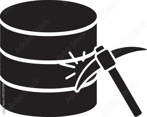 Black oil barrel, damaged with pickaxe, industrial vector icon