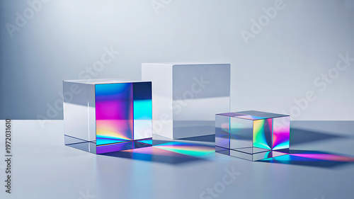 Transparent glass cubes on smooth surface refracting vivid rainbow colors and gradients with optical light dispersion creating abstract geometric design