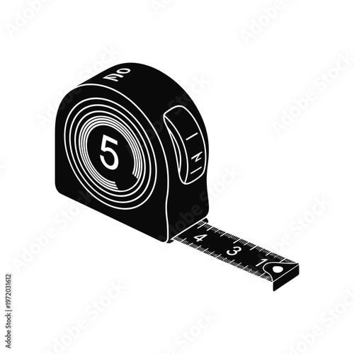 Isometric illustration of a black and white retractable measuring tape