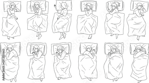 Set of sleeping woman positions line art illustrations showing different bedtime poses, top view rest postures isolated for health and design