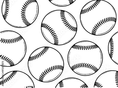 Seamless Pattern of Hand Drawn Black and White Baseball Balls White Background sport