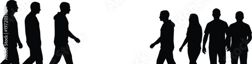 Silhouette people walking in opposite directions, human movement contrast concept in black and white vector for social and lifestyle design