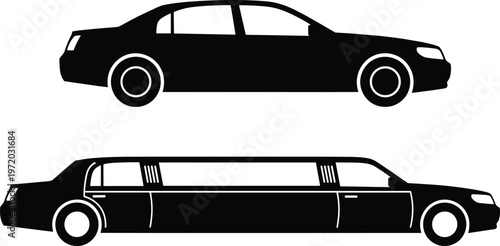 Silhouettes of a standard sedan and stretched limousine showing compact and elongated vehicle designs in black outline