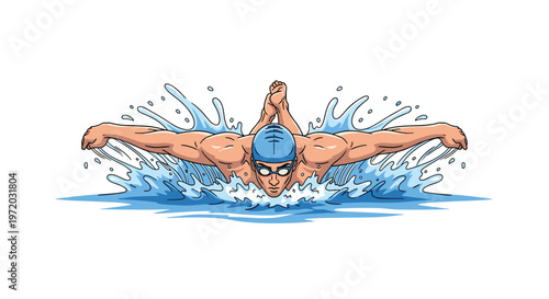 A determined male athlete with bold black outlines executes a perfect butterfly stroke through splashing water in the detailed comic style illustration.