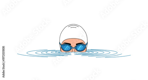 The head of a professional swimmer wearing a white silicone cap and blue tinted goggles emerges from the center of concentric water ripples in a pool.