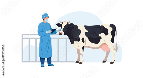 A professional veterinarian wearing a surgical mask and blue gown performs a medical checkup on a Holstein cow while holding a black clipboard in hand.