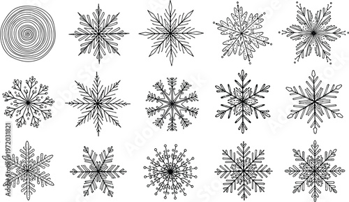 Snowflake vector set, winter ice crystal shapes collection, decorative frozen patterns, detailed line art icons isolated on clean background