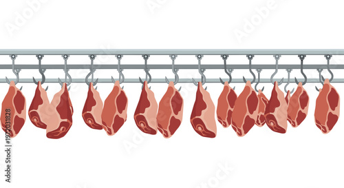 A series of large raw meat portions hang from heavy-duty metal hooks along a horizontal industrial rail system in a professional food production plant.