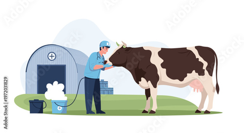 A professional male veterinarian in a blue uniform examines a large brown and white cow near a grey barn with medical supplies on the green grass field.